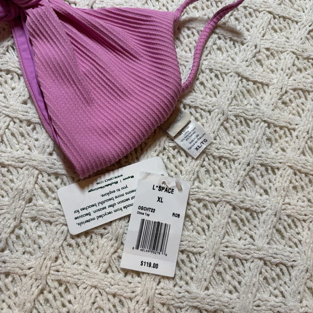 NWT L*Space Chloe Bikini Top Ribbed Pink Tie Front Swimwear Women’s XL‎